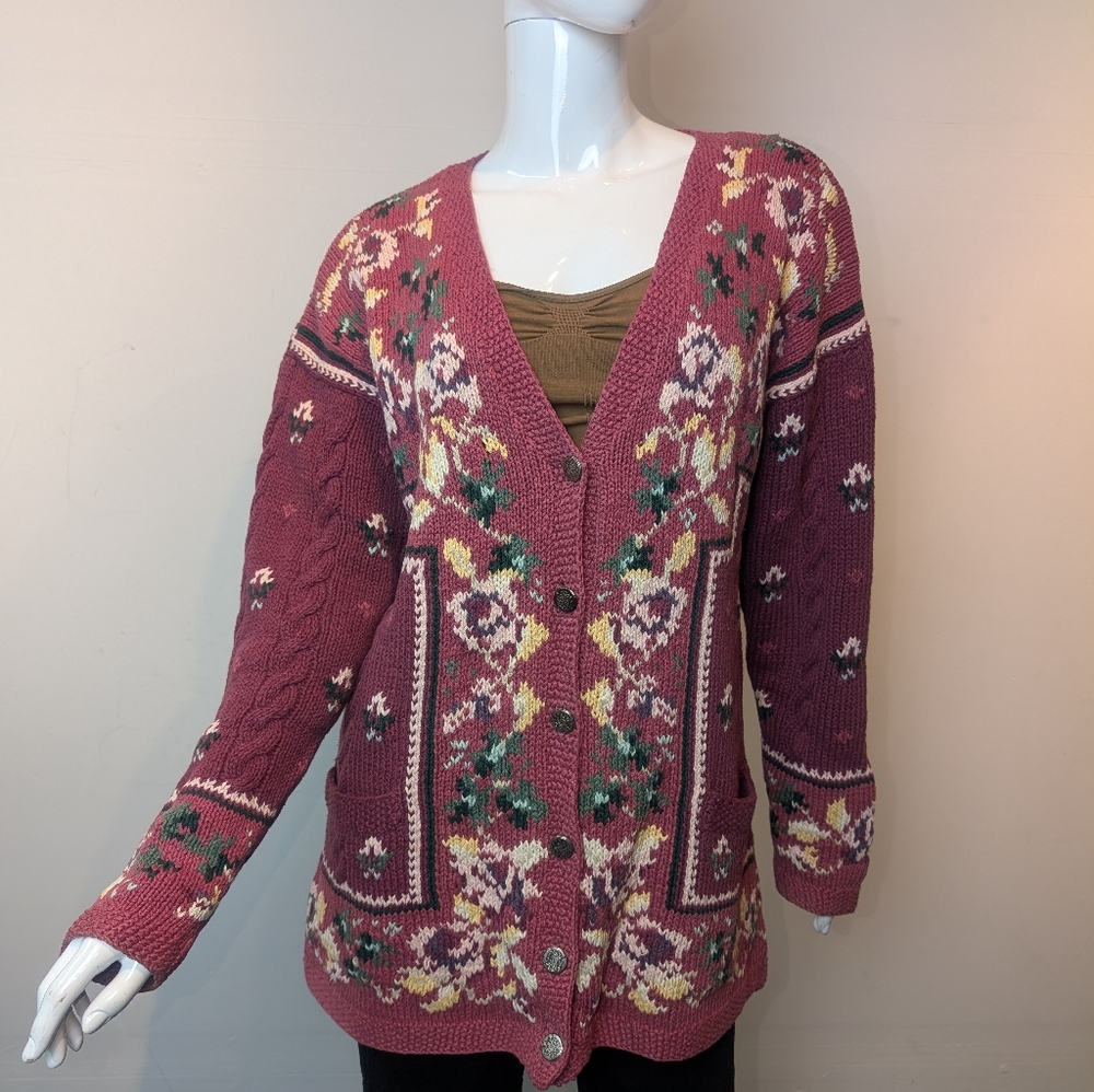 Maurice Hand Knitted Floral Button Down Cardigan Size M